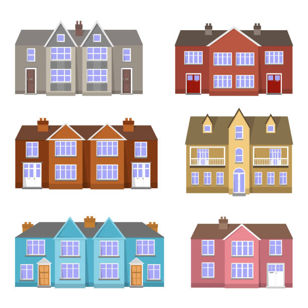 Set of traditional English, European houses, cottages, mansions. Houses isolated on a white background, vector illustration. brick house isolated stock illustrations