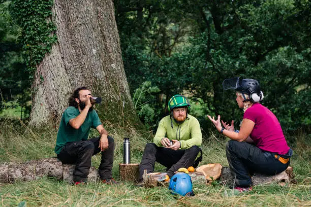 Two men and one woman talking and taking a break from tree surgery, woman explaining and gesturing, man drinking hot drink