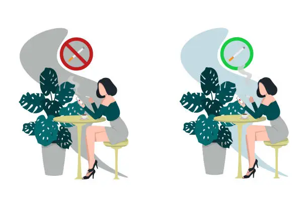 Vector illustration of girl in a cafe with a phone (no,yes smoking)