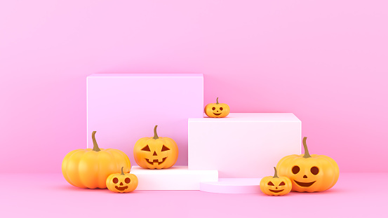 3d render,Abstract Pink background with geometric shape podium for product. Minimal concept.  halloween pumpkins on pink background, holiday decoration.