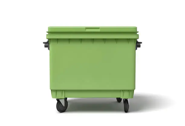 3d rendering of a light-green dumpster on white background. Recycling of waste. Rubbish removal. Keep cities clean.
