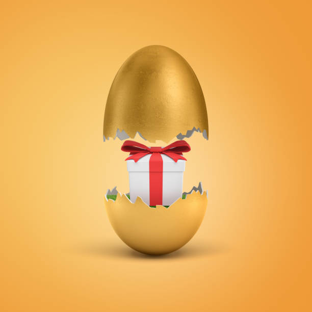 istock 3d rendering of a golden egg shell broken into halves with a white gift box tied with a red ribbon inside. 1176791061