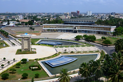 Lomé, Togo: view over Independence Square (Place de l'Independance), the de facto center of the country - Palais de Congrés on the top right and Independence monument in the center of the square