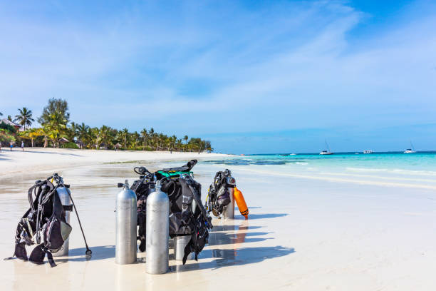 Scuba Diving gear equipment Kwenda beach Unguja Zanzibar Tanzania Africa stock photo