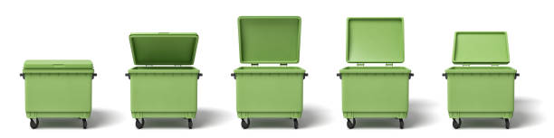 3d rendering of several light-green dumpsters in a row on white background.