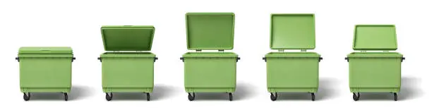 3d rendering of several light-green dumpsters in a row on white background. Trash pickup. Garbage removal. Clean cities.