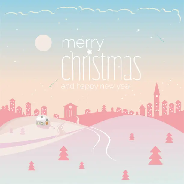 Vector illustration of Happy new year - Christmas eve winter beautiful day rural nordic quadrat landscape