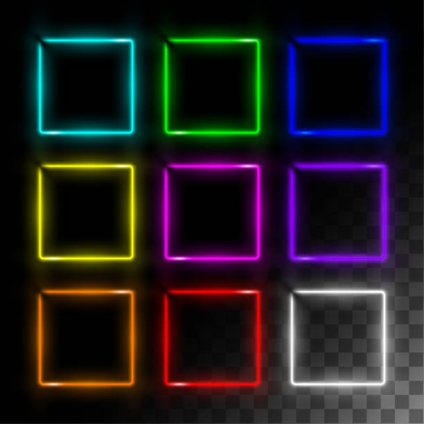 Realistic neon frame set square Realistic neon frame isolated on transparent background. Different color lamp set. Glowing border square shape collection. Design template element. Vector illustration brick cafe stock illustrations