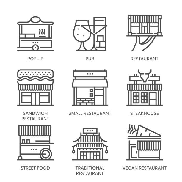 ilustrações de stock, clip art, desenhos animados e ícones de restaurant types related, square line vector icon set - burger sandwich hamburger eating