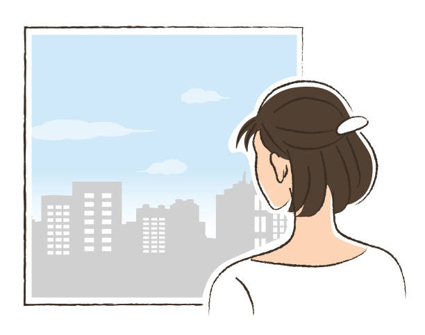 женщина смотрит в окно - looking through window illustrations stock illustrations