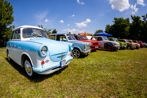 Kiskunlachaza Hungary Jun 29, 2019: Vintage car show of Trabant 500 from the East German motorcar productions - some in mint, some modified, and some are in original condition