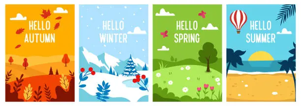 Vector illustration of Seasons backgrounds. Autumn, Spring, Summer, Winter. Flat banners design template. A4. Vector
