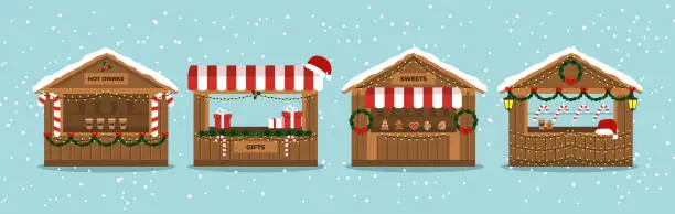 Vector illustration of Christmas Market Stalls. Outdoor festival stand. Kiosks. Souvenir kiosk. Winter. Vector