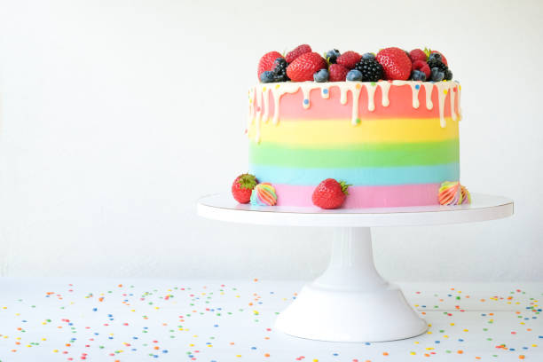 istock Cake on birthday with colorful rainbow cream on a white background 1176797793