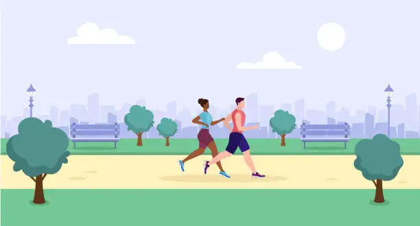 Vector illustration of Couple running in the park. Sport people. Outdoor summer activity. Vector