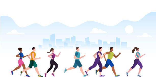 달리는 사람들. 도시 실행 마라톤. 남자와 여자를 실행합니다. 벡터 - marathon running jogging group of people stock illustrations