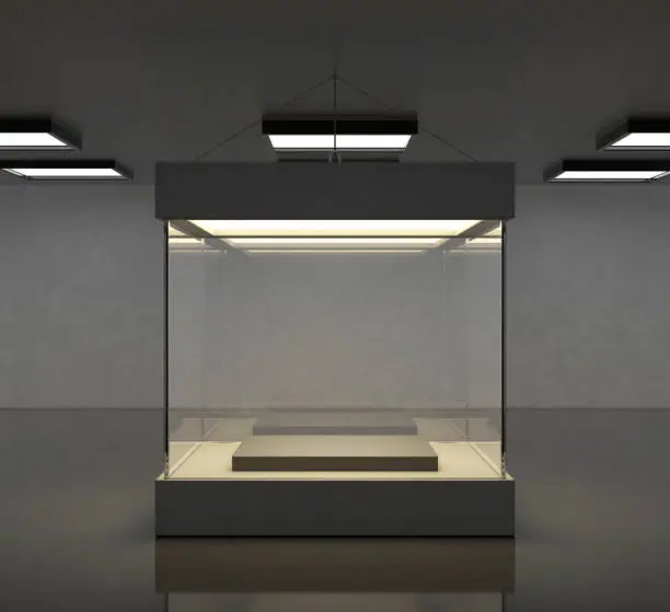 Photo of Empty modern gallery space with bright showcase