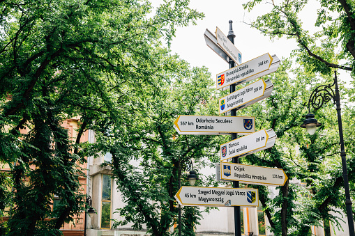 Subotica, Serbia - July 18, 2019 : Arrow world Landmarks signpost