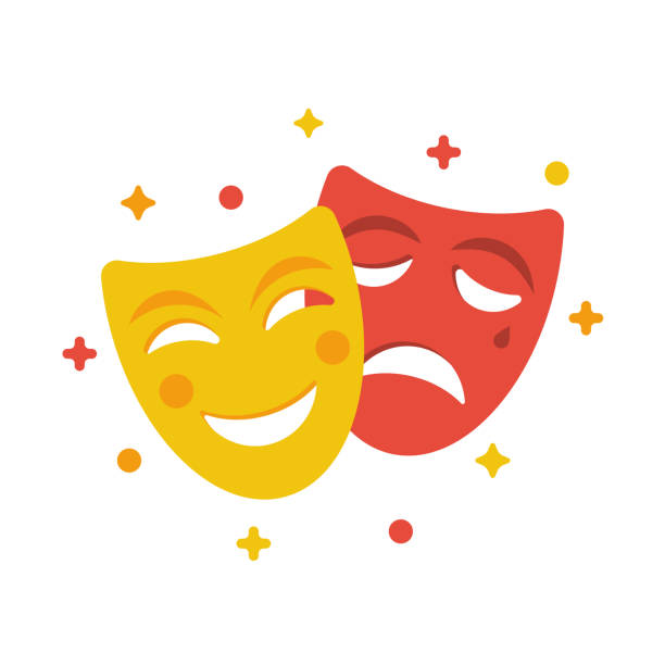 ilustraciones, imágenes clip art, dibujos animados e iconos de stock de máscaras de comedia y tragedia. amarillo divertido y rojo triste máscara, estilo de dibujos animados - máscara de teatro