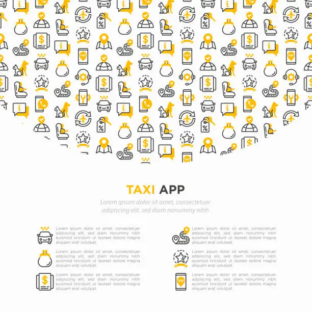 Vector illustration of Taxi app concept with thin line icons: payment method, promocode, app settings, info, support service, phone number, route, destination, airport transfer, baby seat. Vector illustration.