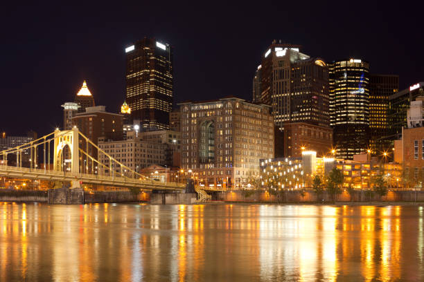 Downtown skyline and Roberto Clemente Bridge over Allegheny River, Pittsburgh, Pennsylvania