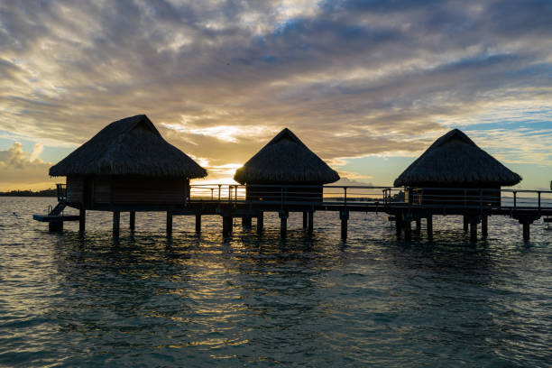 luksusowe wille nad wodą podczas wschodu słońca - polynesia bungalow beach sunrise zdjęcia i obrazy z banku zdjęć