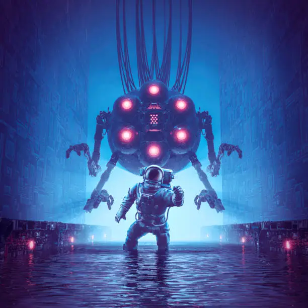 3D illustration of science fiction scene showing astronaut trying to escape giant alien robot in watery corridor