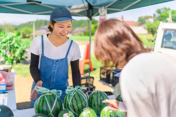 A young female farmer is selling watermelons at her farmer's market stall.