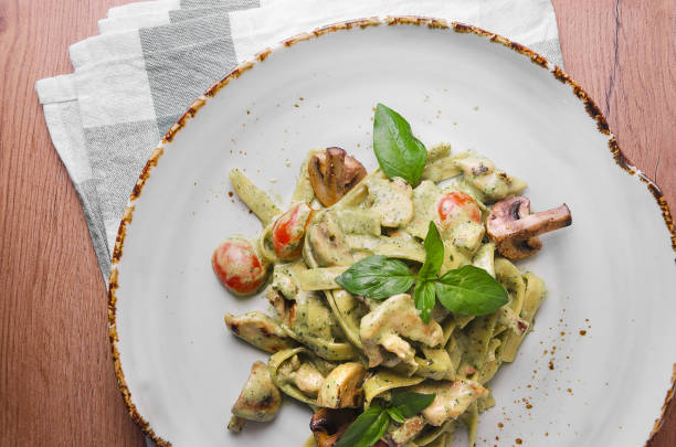 istock green pasta with chicken, basil and mushrooms 1176806941