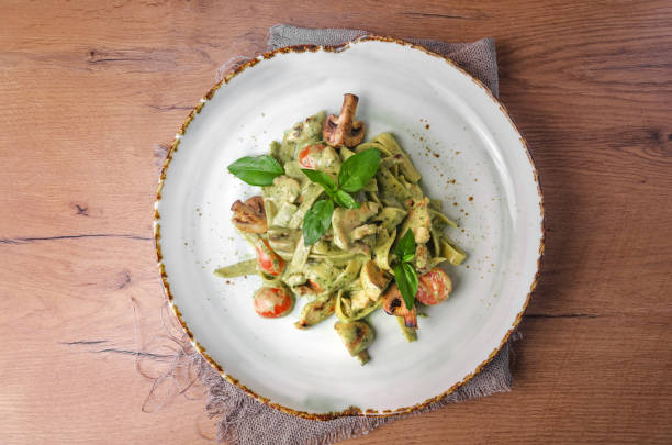 istock green pasta with chicken, basil and mushrooms 1176806975
