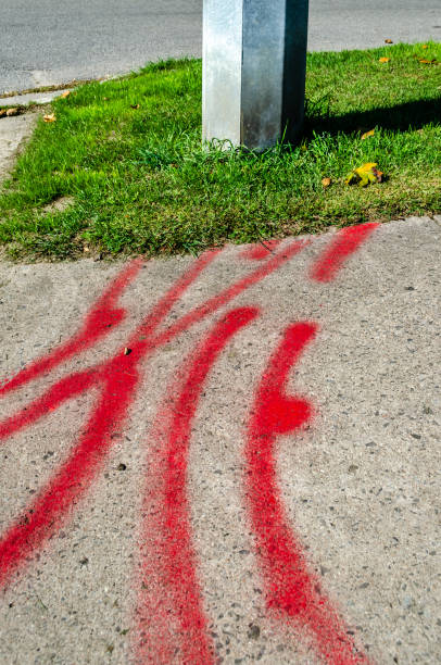 istock Pattern of hydro line markings on a sidewalk next to a metal street light pole 1176807667