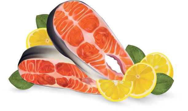 ilustraciones, imágenes clip art, dibujos animados e iconos de stock de salmón de dos filetes con limón. salmón filete fresco y limón sobre fondo blanco. filete de pescado rojo de cerca. hermosa ilustración vectorial. - smoked salmon illustrations