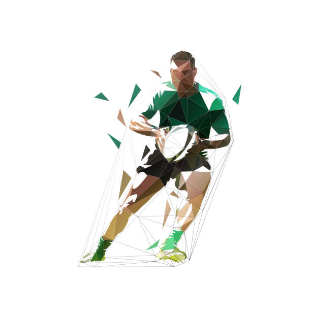 Rugby player running with ball in hands, front view. Isolated low polygonal geometric vector illustration Rugby player running with ball in hands, front view. Isolated low polygonal geometric vector illustration rugby stock illustrations