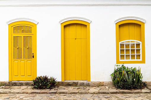 Doors and Windows at the center in Paraty, Rio de Janeiro, Brazil. Paraty is a preserved Portuguese colonial and Brazilian Imperial municipality.