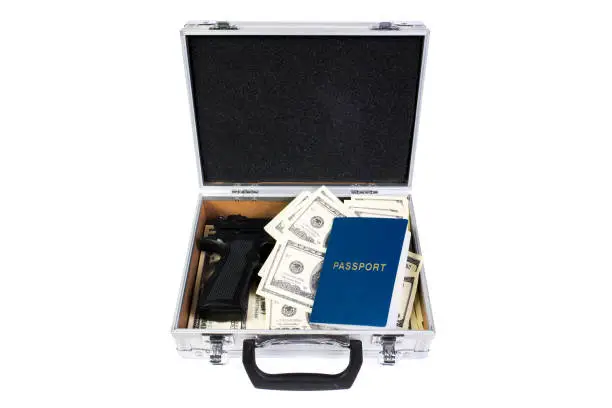 Photo of Money, gun and money in metallic suitcase