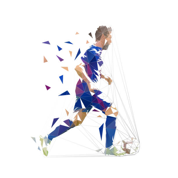 fußballspieler im dunkelblauen trikot, der mit ball läuft, abstrakte low-poly-vektorzeichnung. fußballspieler kickt ball. isolierte geometrische bunte illustration, seitenansicht - origami action vector design stock-grafiken, -clipart, -cartoons und -symbole