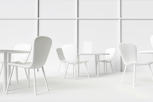 Interior cafe or restaurant indoor, tables and chairs 3d render illustration. White wall and windows model interior 3d. Conference room.