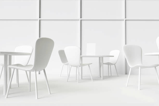 Interior cafe or restaurant indoor, tables and chairs 3d render illustration. Interior cafe or restaurant indoor, tables and chairs 3d render illustration. White wall and windows model interior 3d. Conference room. restaurants tables and chairs stock pictures, royalty-free photos & images