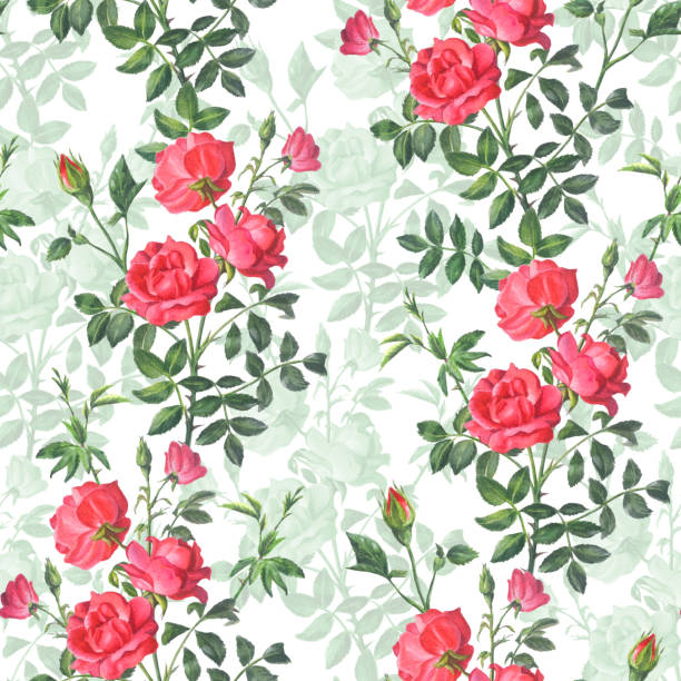 istock Beautiful bright pattern from a branch of a red rose with buds and green leaves on a white background. 1176815735