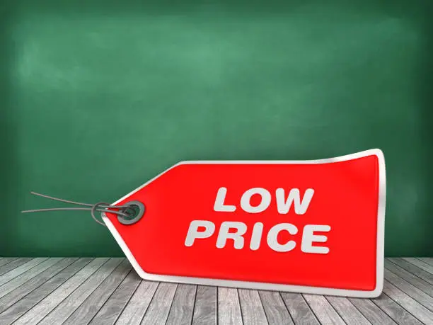 Photo of LOW PRICE Tag on Chalkboard Background - 3D Rendering