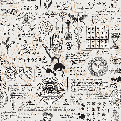 Vector seamless background on the theme of mysticism, magic, religion and the occultism with various esoteric and masonic symbols. Medieval manuscript with sketches, blots and spots in retro style