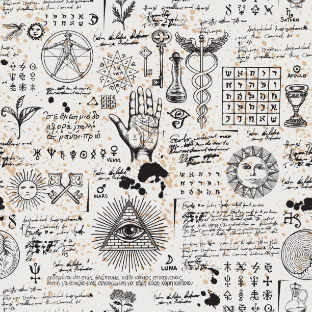 abstract seamless pattern with sketches and notes Vector seamless background on the theme of mysticism, magic, religion and the occultism with various esoteric and masonic symbols. Medieval manuscript with sketches, blots and spots in retro style alchemy stock illustrations