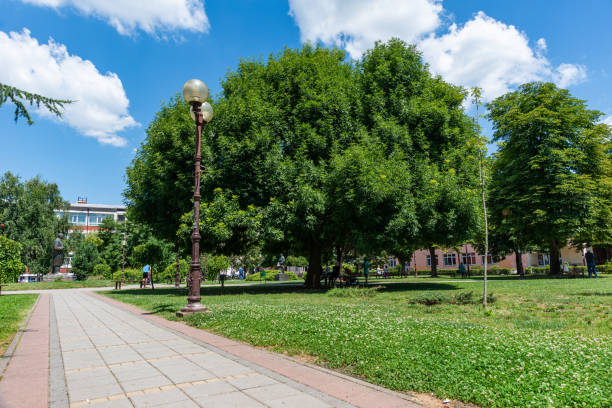 Loznica, Serbia - July 11, 2019: School park (Školski park: serbian) on Jovan Cvijic Square in Loznica. Loznica is a city located in the Macva District of western Serbia.