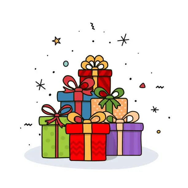 Vector illustration of Hand drawn gifts with bows in cartoon style.