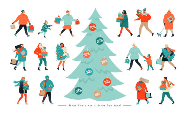 stockillustraties, clipart, cartoons en iconen met banner voor kerstmis verkoop. mensen gaan na het winkelen, afscheuren kortingsbonnen van een kerstboom. - christmas people