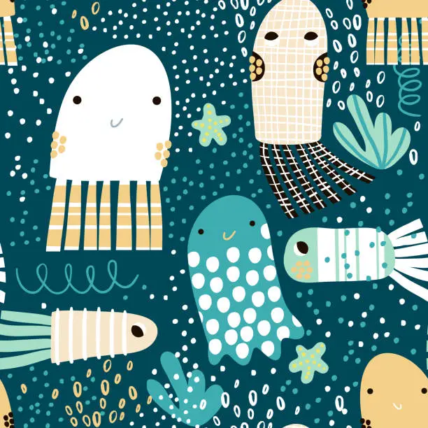 Vector illustration of Seamless pattern with sea animal jelly fish, fish. Undersea Childish texture for fabric, textile. Vector background