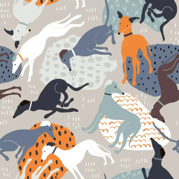 Vector illustration of Seamless pattern with hand drawn greyhounds. Creative dog texture in scandinavian style. Great for fabric, textile Vector Illustration