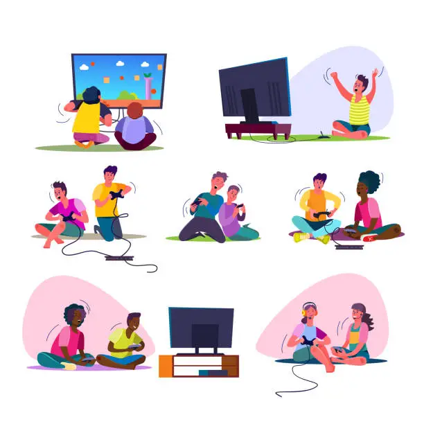 Vector illustration of Excited video gamers set