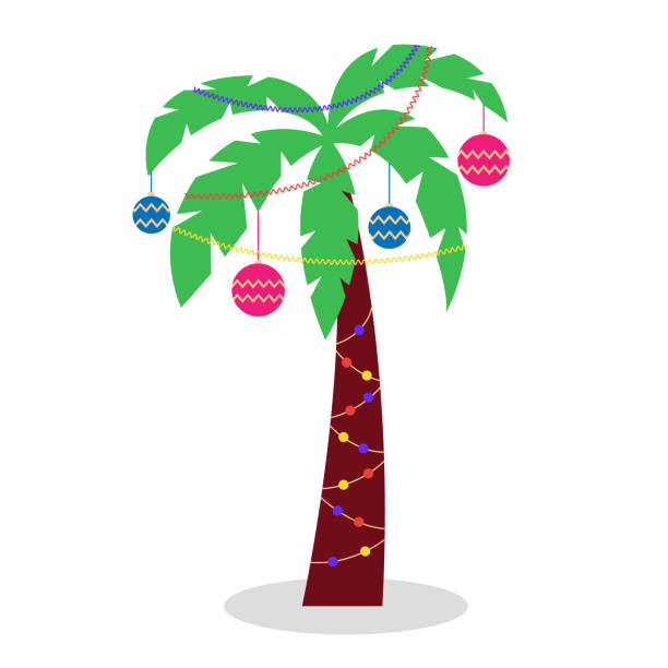 ilustraciones, imágenes clip art, dibujos animados e iconos de stock de palmera de navidad con guirnaldas de tinsel y juguetes navideños - desconfiado