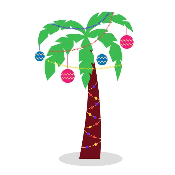 Vector illustration of Christmas palm tree with garlands of tinsel and Christmas toys
